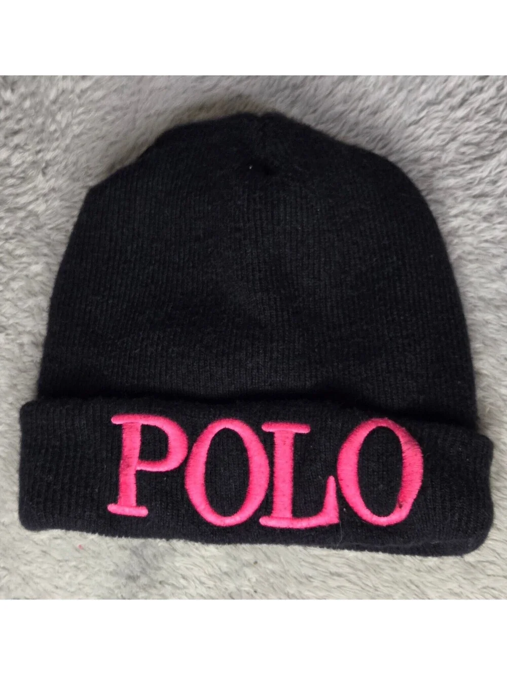 Polo Ralph Lauren Black Knit Beanie Pink Logo Merino Cashmere Angora Blend